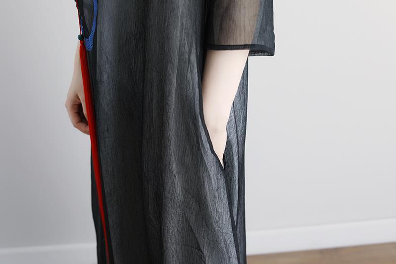 Black Summer Fake Two-piece Pockets Retro Tassel Dress