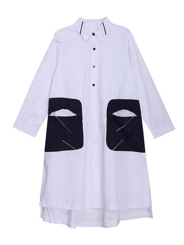 Casual Split-Joint Buttoned Lapel Collar Long Sleeves Midi Shirt Dress