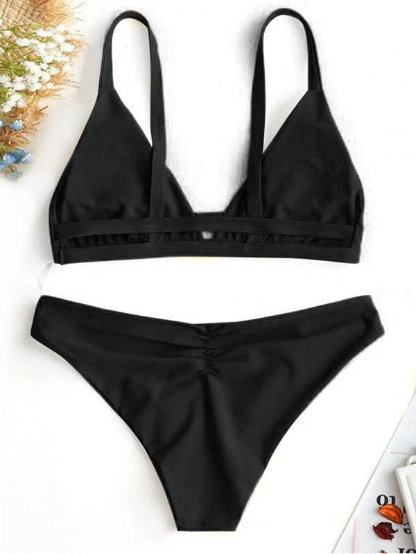 Solid Color Triangles Split Bikini Swimsuit