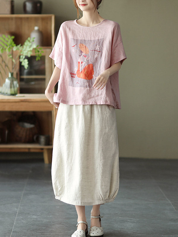 Ramie Cotton Printing Round-Neck T-Shirts Tops