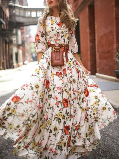 Round Neck Half Sleeves Bohemia Maxi Dress