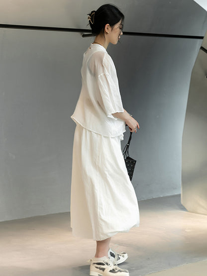 Casual Ramie Cotton Asymmetric Solid Color Irregular Tiered Loose Skirts