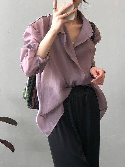 Simple Loose Long Sleeves Solid Color Thin Blouse