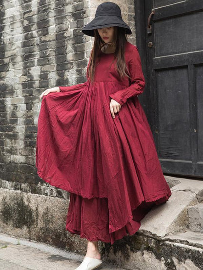 Cotton Solid Split-joint Ramie Cotton Big Hemline Long Dress