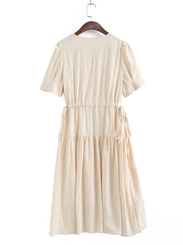 Urban Solid Color V-Neck Drawstring Short Sleeves Midi Dress