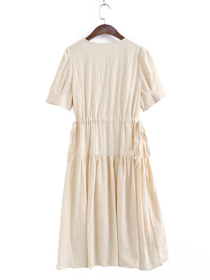 Urban Solid Color V-Neck Drawstring Short Sleeves Midi Dress