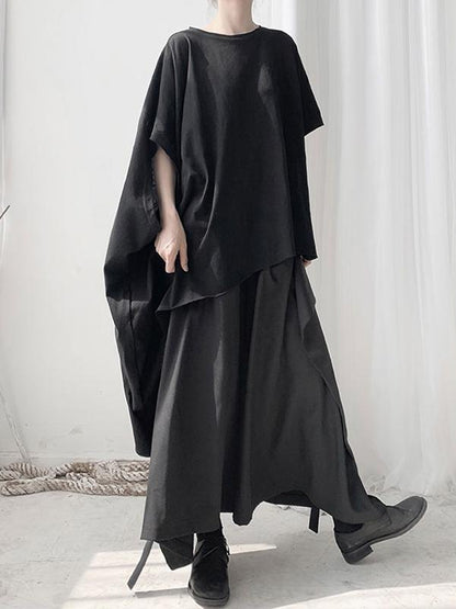 Black Loose Cropped Asymmetric T-shirt Tops