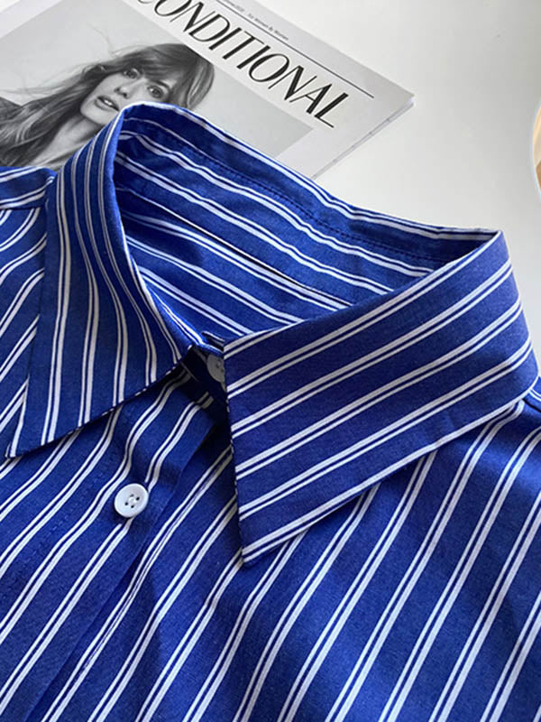 Chic Simple Striped Buttoned Split-Joint With Pocket Lapel Collar Long Sleeves Blouse