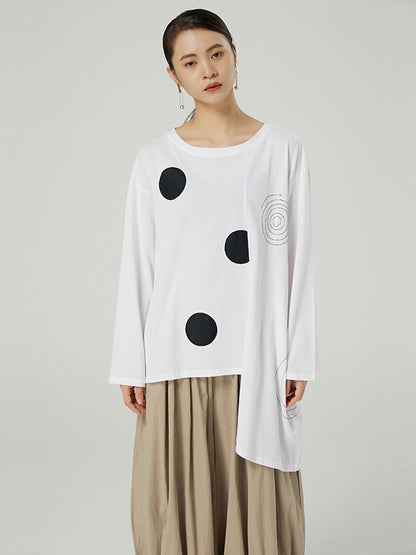 Stylish Asymmetric Polka-Dot Round-Neck Long Sleeves T-Shirt Tops