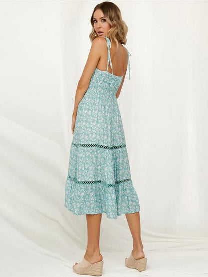 Printed Hollow Split-joint Spaghetti-neck Maxi Dress