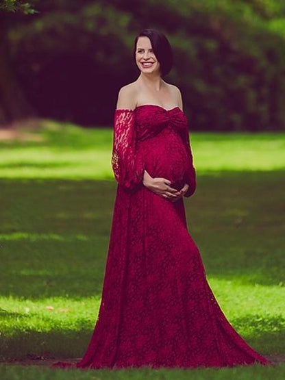 Maternity Lace Off-the-shoulder Long Sleeve Maxi Dress