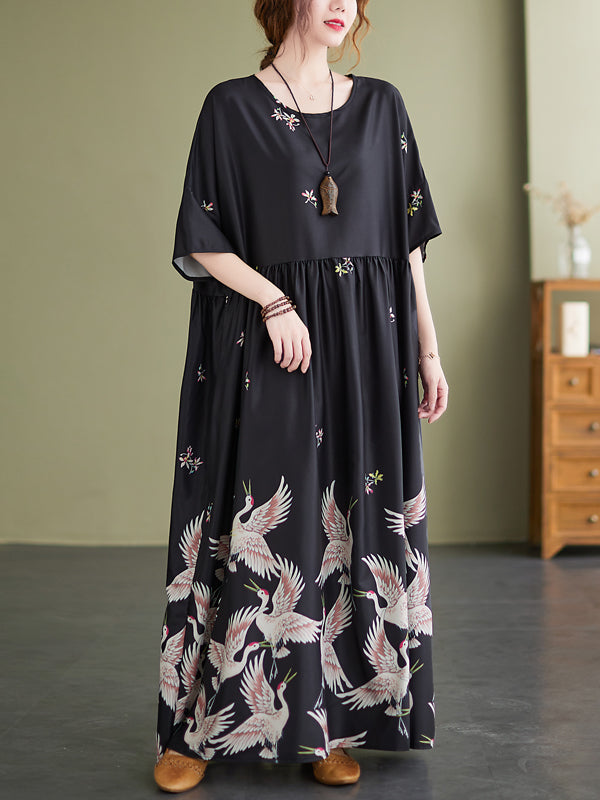 Stylish Crane Print Split-Joint Pleated Half Sleeves Maxi Dress