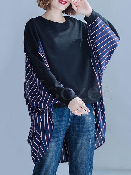 Loose Striped False-two Batwing Sweatshirt