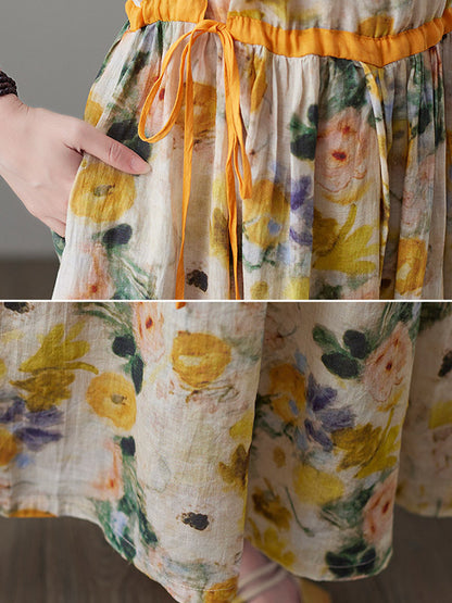 Original Artistic Retro Loose Tied Floral Printed Pleated V-Neck Short Sleeves Midi Dress