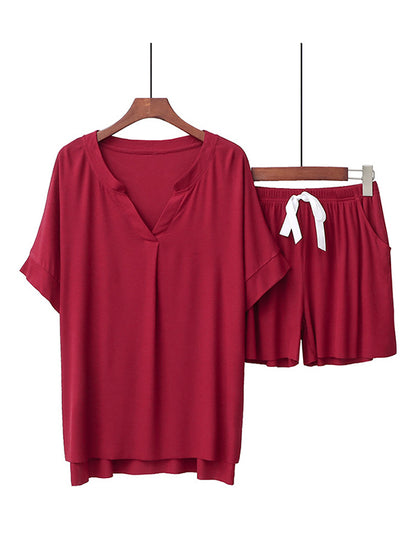 Casual Loose Solid Color Split-Joint Pleated V-Neck T-Shirt&Drawstring Shorts Pajama Set