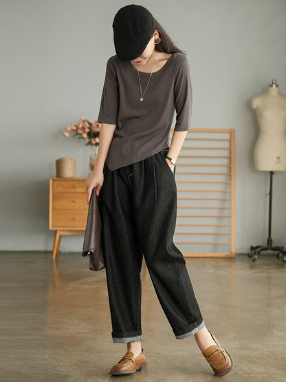 Simple Asymmetric Irregular Clipping Round-Neck Short Sleeves T-Shirt