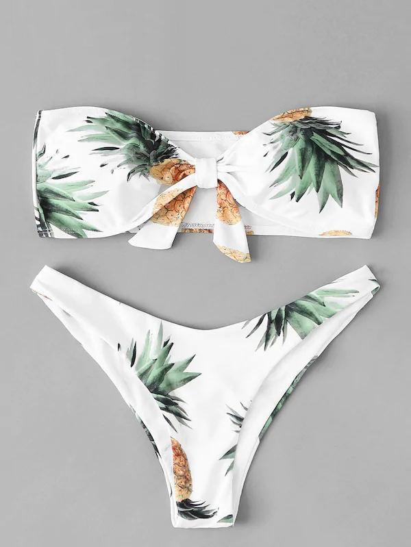 Floral-Print Bandeau Split Bikini Swimsuit