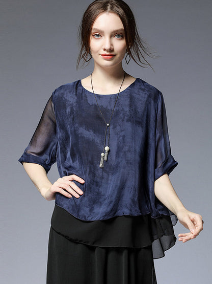 Artistic Retro Mulberry Silk Loose Printed Round-Neck Half Sleeves T-Shirt Tops