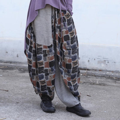 Buykud Spliced Colored Plaid Loose Harem Pants