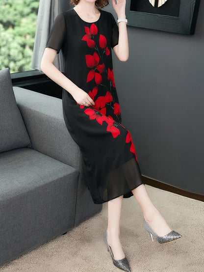 Chiffon Loose Leaves Print Dress