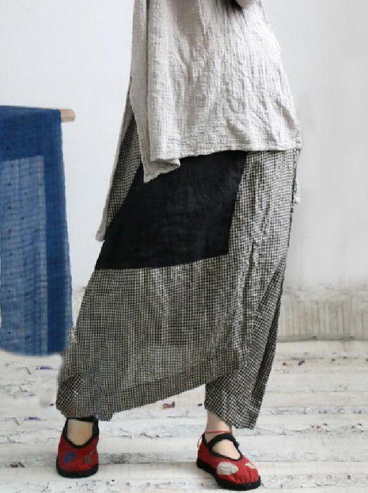 VINTAGE PLAID SPLIT-JOINT CROPPED LINEN PANTS