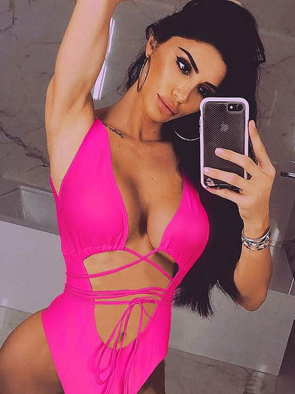 Solid Hollow Straps One-Piece Swimsuit