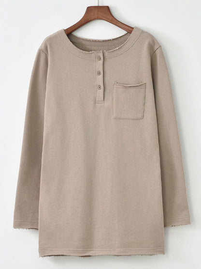 Artistic Retro Long Sleeves Loose Solid Color Round-Neck T-Shirts Tops