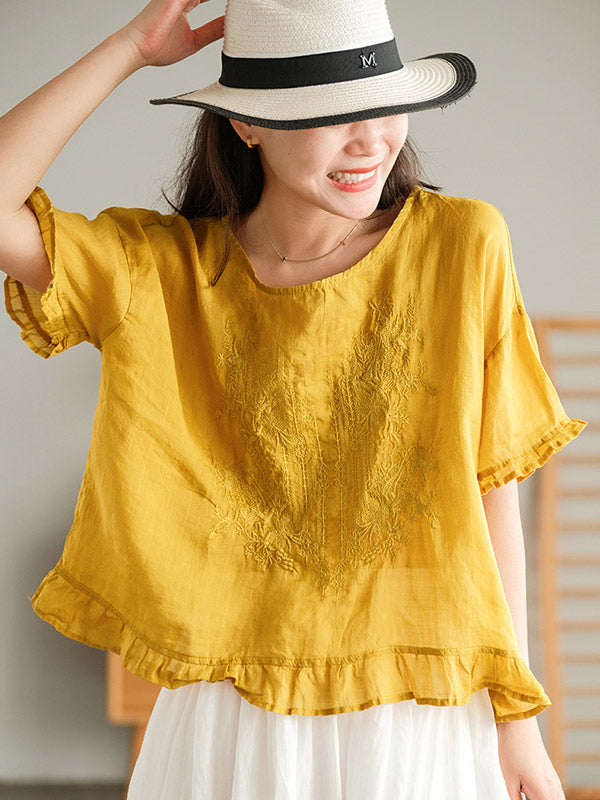 Ramie Cotton Embroidered Round-Neck T-Shirts Tops