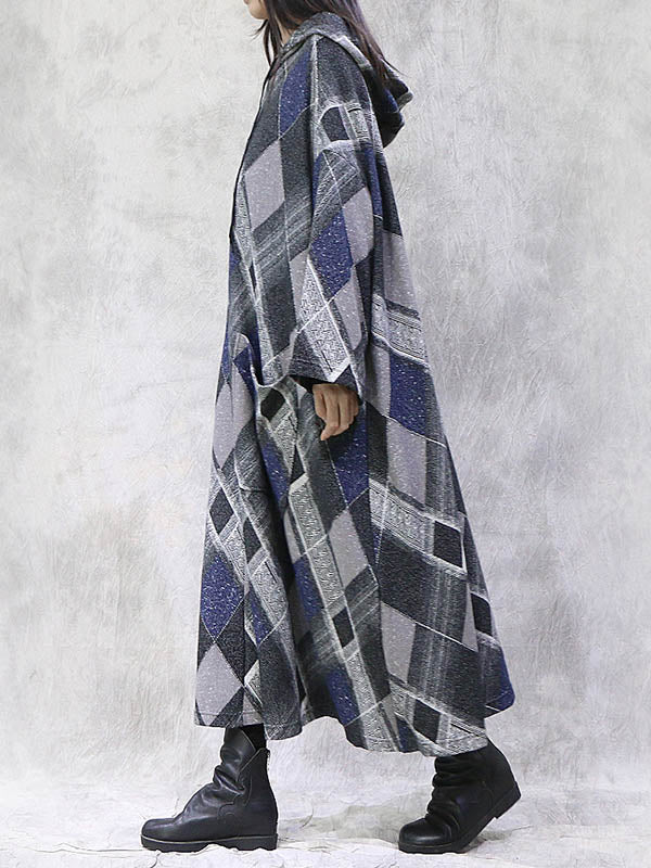 Artistic Retro Plaid Drawstring Hooded Midi Dress