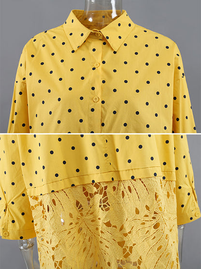 Stylish Split-Joint Polka-Dot Hollow Buttoned Lapel Collar Loose Shirt Dress