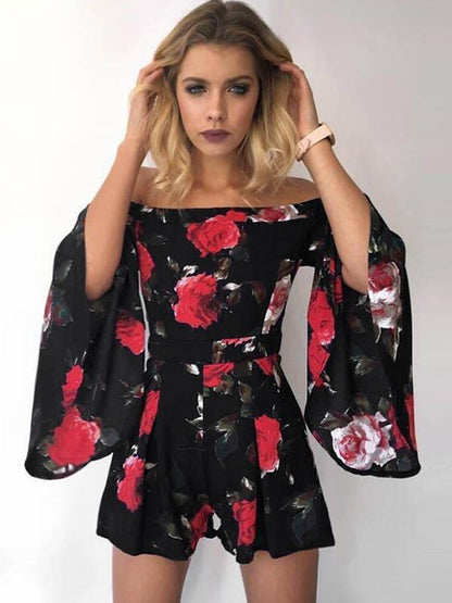 Flared Sleeves Printed Off-the-shoulder Romper