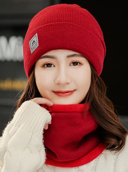 Casual Solid Color Keep Warm Knitted Scarf&Hat Two Pieces Set