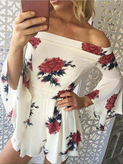 Flared Sleeves Printed Off-the-shoulder Romper
