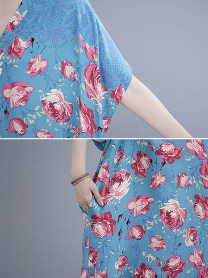Loose Floral Printed V-Neck Short Sleeves Maxi Dress