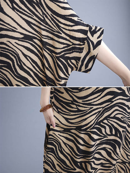 Original Zebra-Stripe Round-Neck Batwing Sleeve Midi Dress