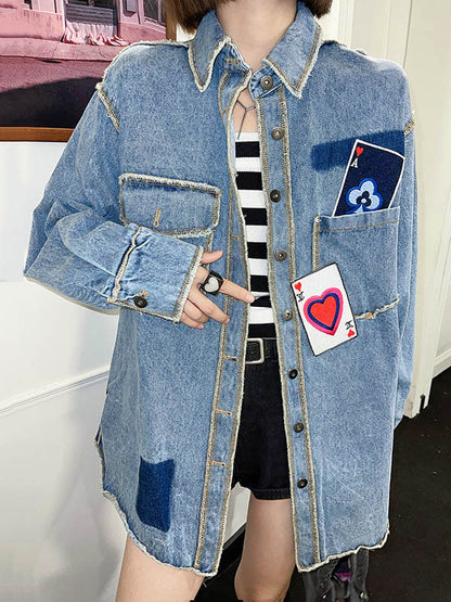 Original Stylish Loose Split-Joint With Pocket Buttoned Applique Lapel Collar Long Sleeves Denim Outwear