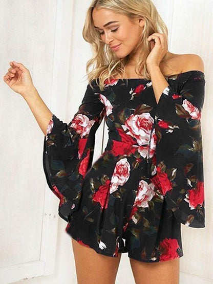 Flared Sleeves Printed Off-the-shoulder Romper