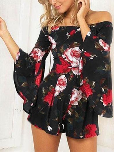 Flared Sleeves Printed Off-the-shoulder Romper