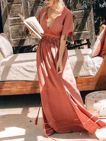 Tasseled Split-joint Deep V-neck Maxi Dress