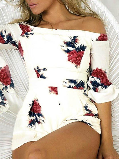 Flared Sleeves Printed Off-the-shoulder Romper