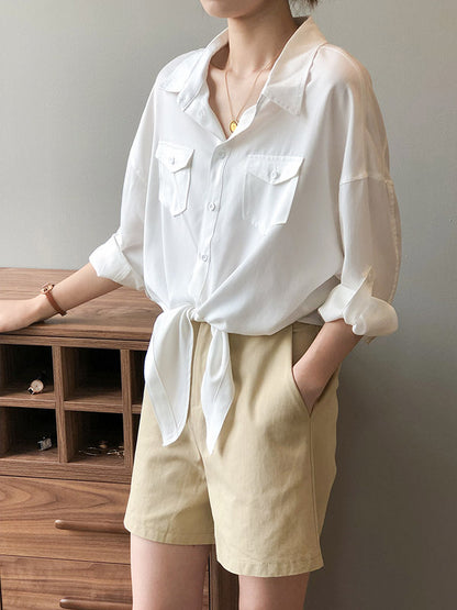 Urban Simple Solid Color Buttoned Split-Joint With Pocket Lapel Collar Long Sleeves Blouse