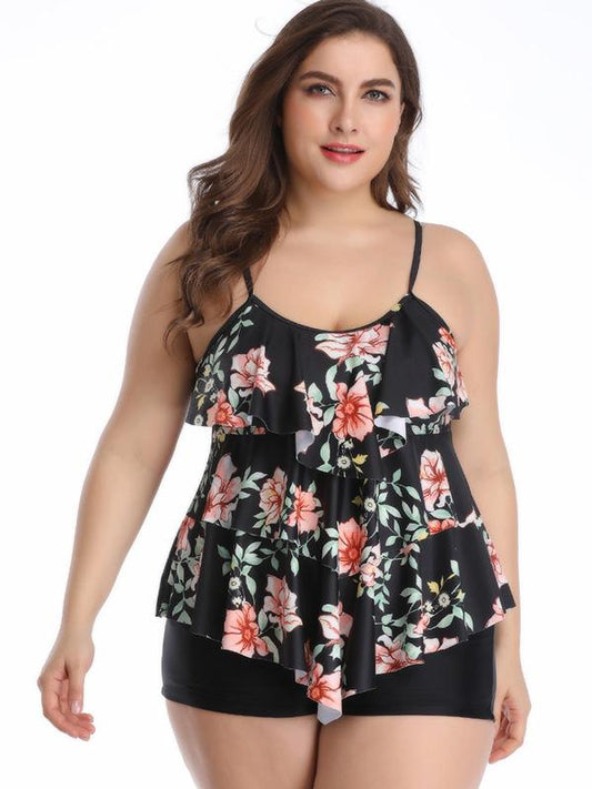 Plus Size Ruffled Printed Tankinis Swimwear