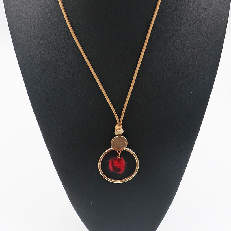 Circle Necklace long wool ball pendant
