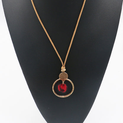 Circle Necklace long wool ball pendant