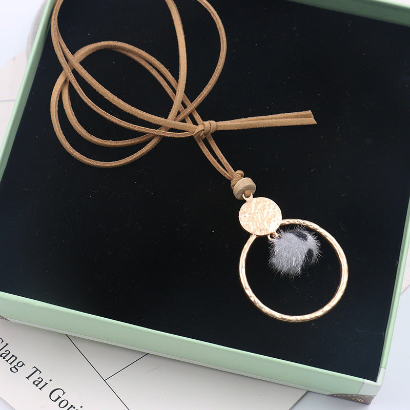 Circle Necklace long wool ball pendant