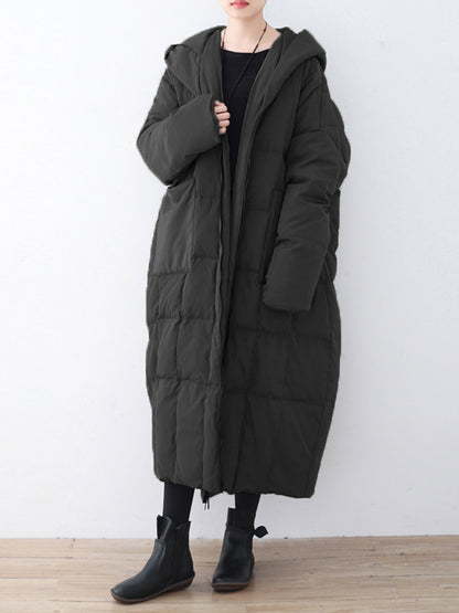 Simple White Duck Down Over Knee Solid Color Zipper Hooded Down Wear Coat