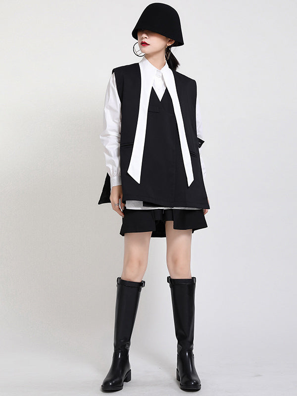 Stylish Urban Contrast Color Buttoned Lapel Collar Long Sleeves Blouse+Sleeveless Vest Outwear