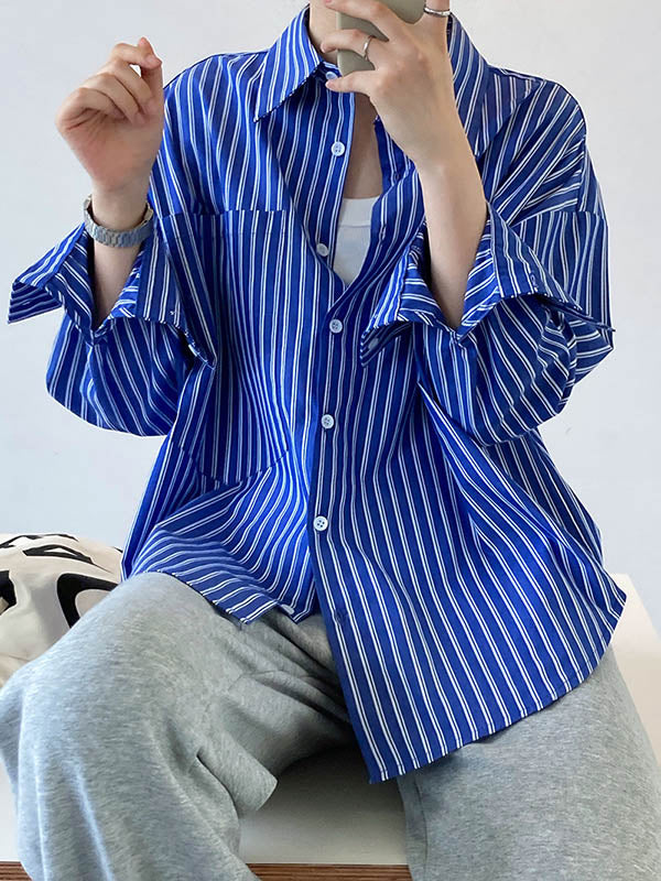 Chic Simple Striped Buttoned Split-Joint With Pocket Lapel Collar Long Sleeves Blouse
