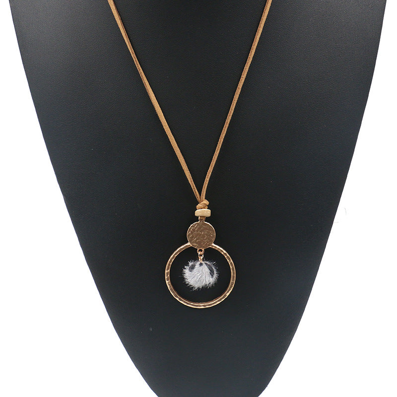 Circle Necklace long wool ball pendant