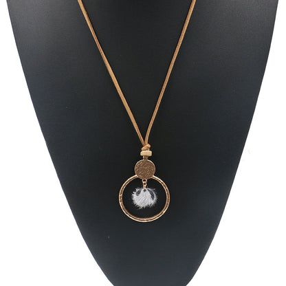 Circle Necklace long wool ball pendant